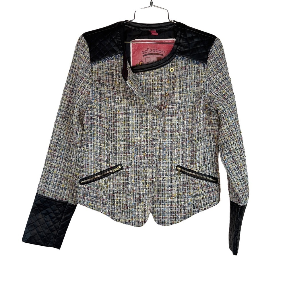 Collection by Bernardo Multicolor Tweed Faux Leather Jacket Size Medium